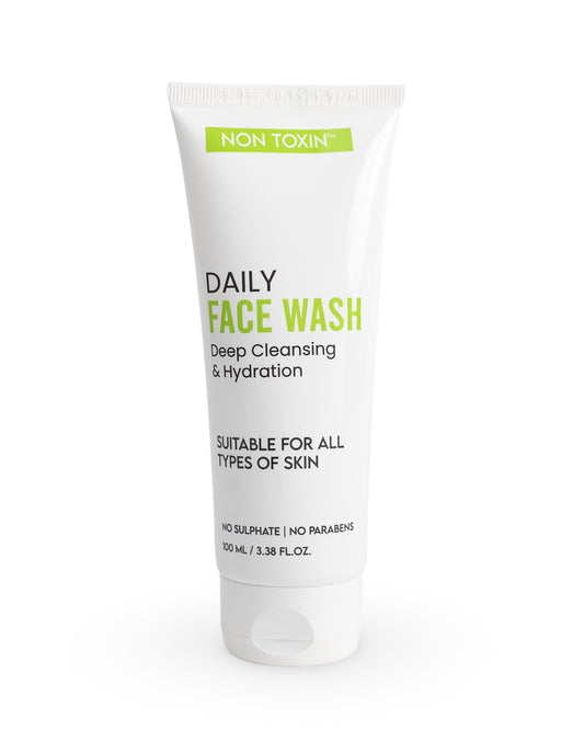 Tube of daily face wash with text on a white background
